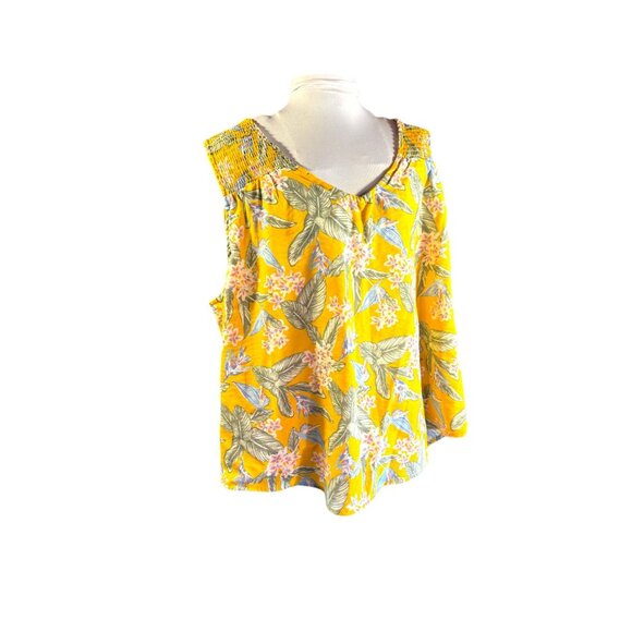 Yellow Floral Sleeveless Top With Smocked Shoulders & V-Neckline Womens L - Picture 2 of 9